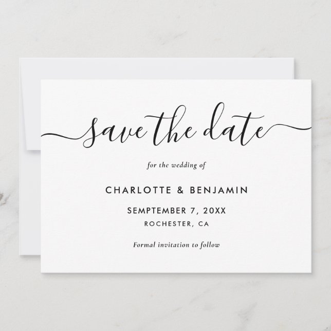 Elegantes Skript Schwarz und Weiß Hochzeit Save The Date (Vorderseite)