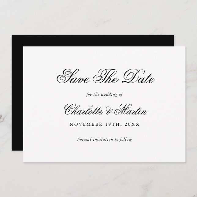 Elegantes Skript Schwarz und Weiß Hochzeit Save The Date (Vorne/Hinten)