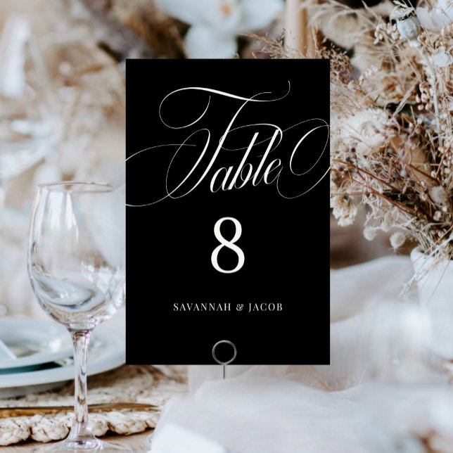 Elegantes Skript Schwarz und Weiß Hochzeit Tischnummer (Von Creator hochgeladen)