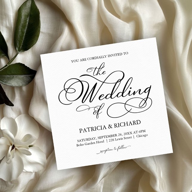 Elegantes Skript Schwarz-Weiß-Hochzeit Einladung (Von Creator hochgeladen)