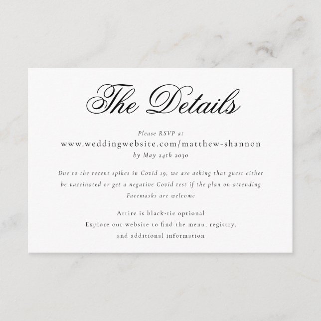 Elegantes Skript Schwarz-weiße Hochzeitdetails Begleitkarte (Vorderseite)