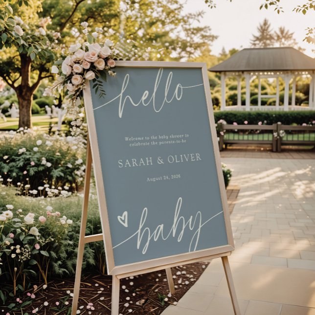 Elegantes Skript Staublaues Babyshower-Willkommens Poster (Von Creator hochgeladen)