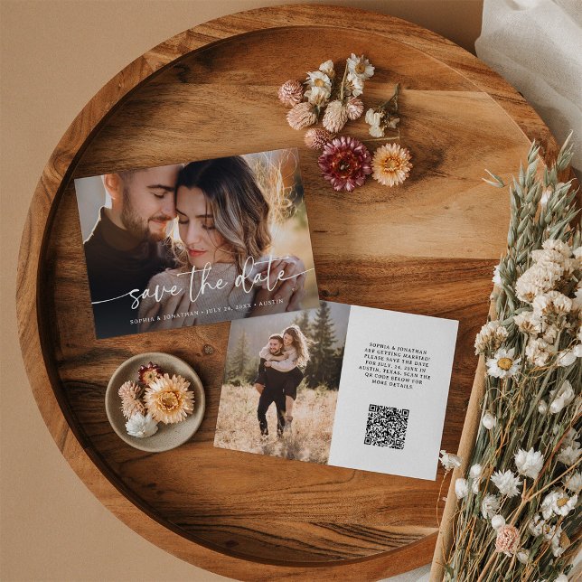 Elegantes Skript und zwei Fotos | QR-Code Save The Date (A simple and elegant save the date card, with two photos and a scannable QR code)