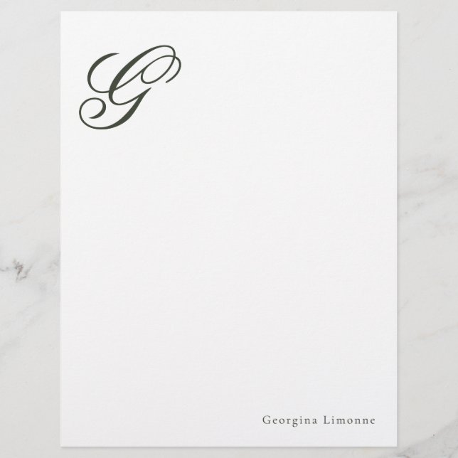 Elegantes Skript Waldgrün Monogramm Briefkopf (Vorderseite)