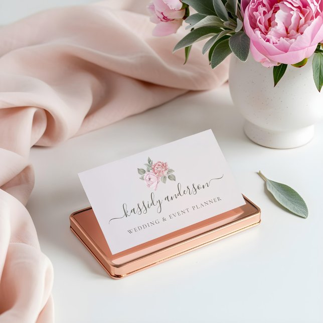 Elegantes Skript Wasserfarbe Rosa Botanische Peoni Visitenkarte (Elegant Script Watercolor Pink Botanical Peony Business Card)