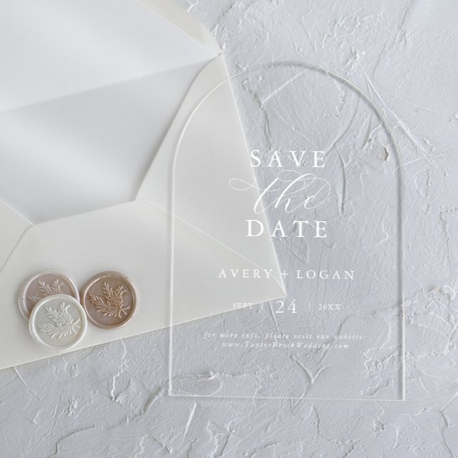 Elegantes Skript White Modern Wedding Save the Dat Acryleinladungen (Elegant Script White Modern Wedding Save the Date Acrylic Invitations)