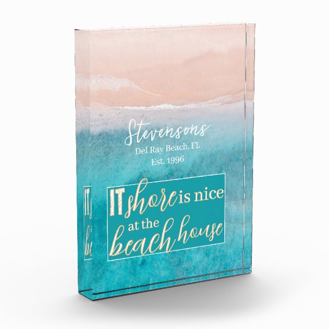 Elegantes Skriptfamilie Name Beach Vacation House Fotoblock (Links)