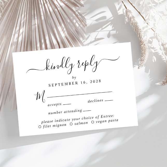 Elegantes Skriptmenü Auswahl Hochzeit RSVP Karte (A chic wedding RSVP card with your customized menu options)
