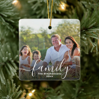 Elegantes SkriptOverlay Doppelseitiges Family-Foto Keramikornament