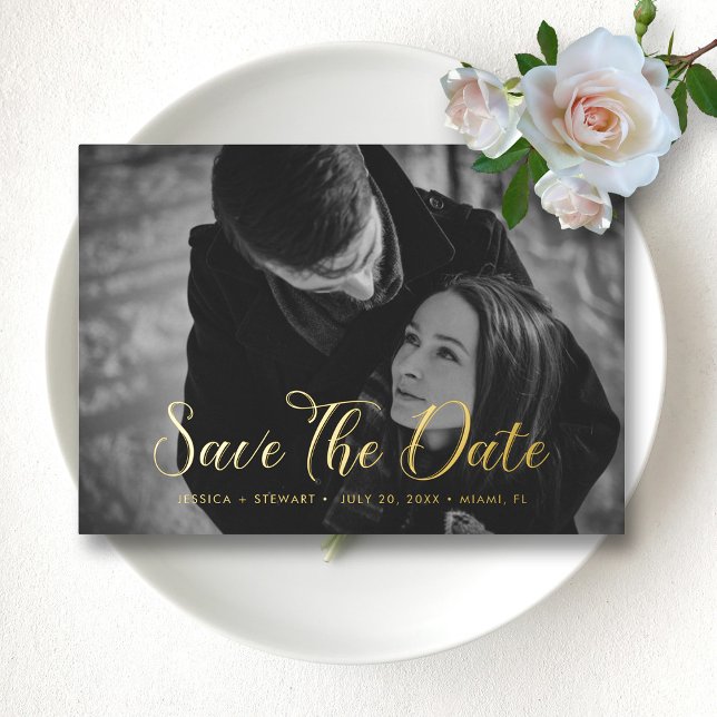 Elegantes SkriptWedding Save the Date Custom Foto Folieneinladung (Elegant Script Wedding Save the Date Custom Photo Foil Invitation)