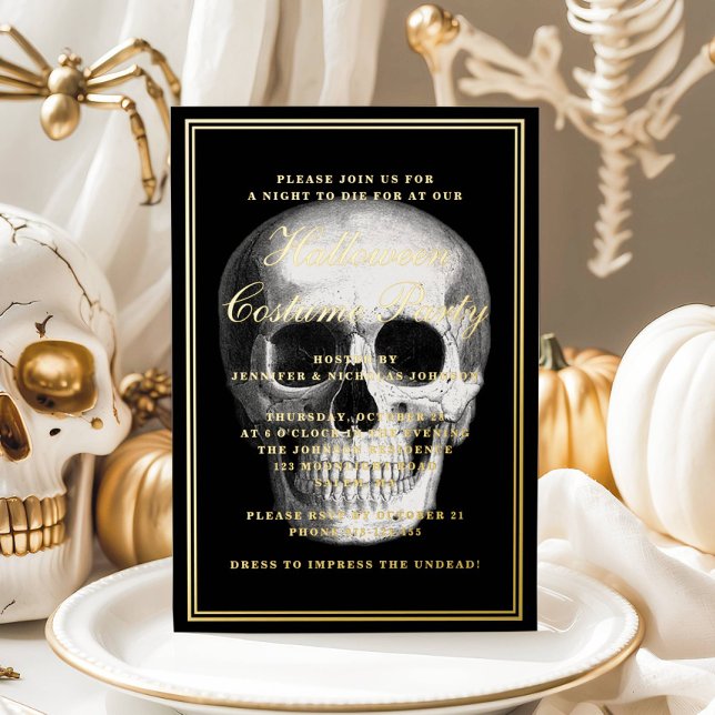 Elegantes Skull Halloween-Kostüm-Party Gold Folieneinladung (Elegant Skull Halloween Costume Party Gold Foil Invitation)