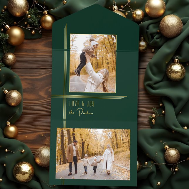 Elegantes Sleek Green/Gold Moderner Deko Foil Foto All-in-One-Einladung (Von Creator hochgeladen)