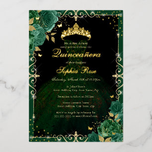 Elegantes Smaragd-Gold-Rosen-Kleid Quinceanera Folieneinladung