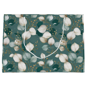 Elegantes Smaragdblatt weißes Blumenmuster Große Geschenktüte