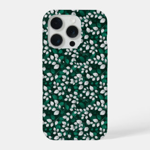Elegantes Smaragdblatt weißes Blumenmuster iPhone 15 Pro Hülle