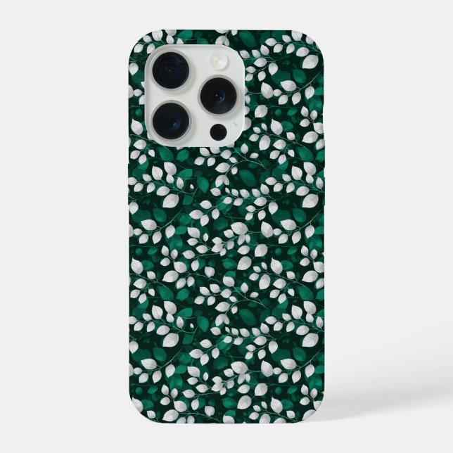 Elegantes Smaragdblatt weißes Blumenmuster iPhone Hülle (Rückseite)
