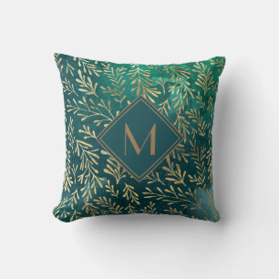 Elegantes Smaragdgrün mit goldenen Blättern Monogr Kissen