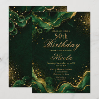 Elegantes Smaragdgrün und Gold Alcohol Ink Einladung