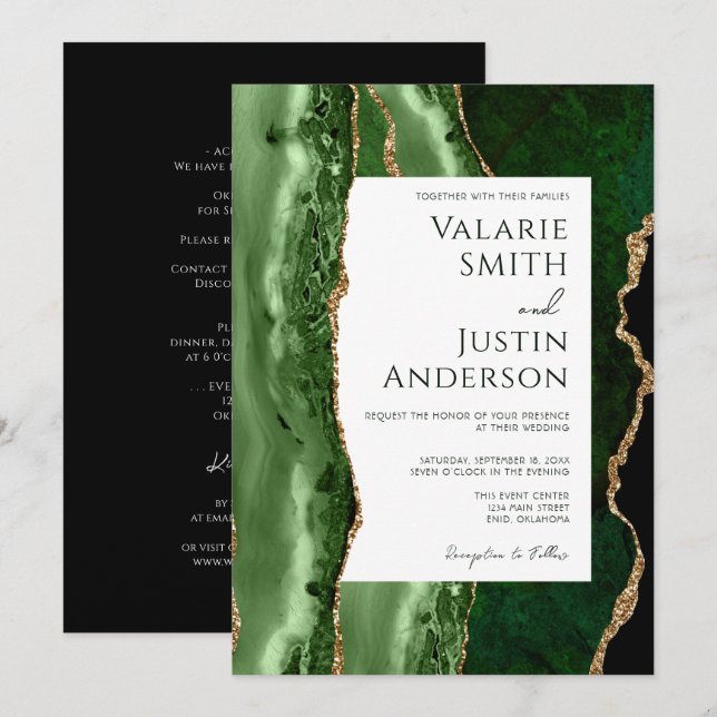 Elegantes smaragdgrünes Budget Wedding All in One Einladung (Vorne/Hinten)