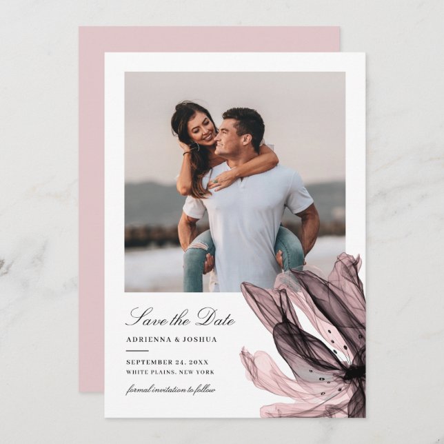Elegantes Smoky Floral Dusty Rose Foto Hochzeit Save The Date (Vorne/Hinten)