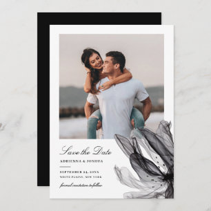 Elegantes Smoky Floral Schwarz-weißes Foto Hochzei Save The Date