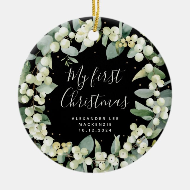 Elegantes Snowberry Baby's First Christmas Foto Keramik Ornament (Vorne)