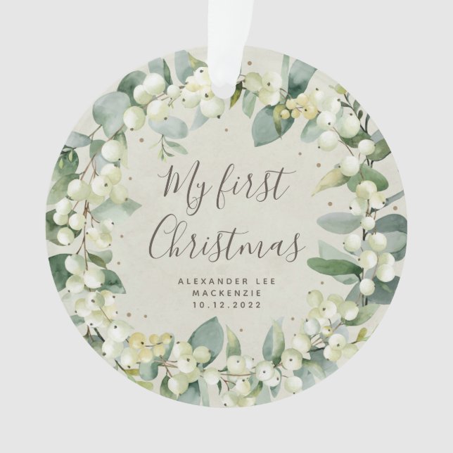 Elegantes Snowberry Baby's First Christmas Foto Ornament (Vorderseite)