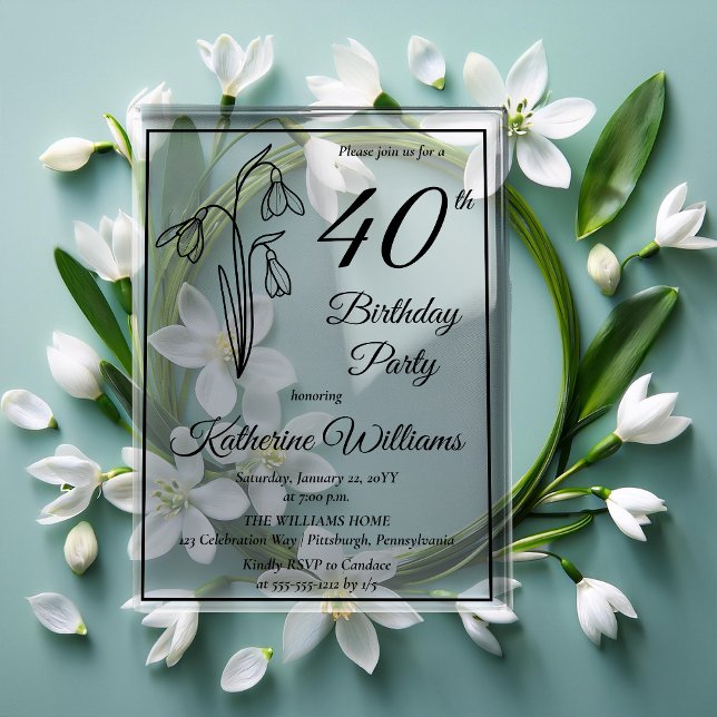 Elegantes Snowdrops 40. Geburtstags-Party Acryleinladungen (Elegant Snowdrops 40th Birthday Party Acrylic Invitations)