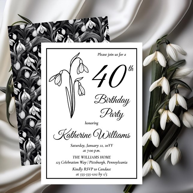 Elegantes Snowdrops 40. Geburtstags-Party Einladung (Elegant January Birth Month Snowdrops Floral "40th Birthday Party" Invitations -- Print | Download)
