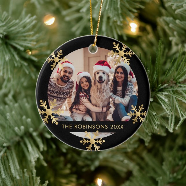 Elegantes Snowflake Black and Gold Foto Weihnachte Keramik Ornament (Baum)