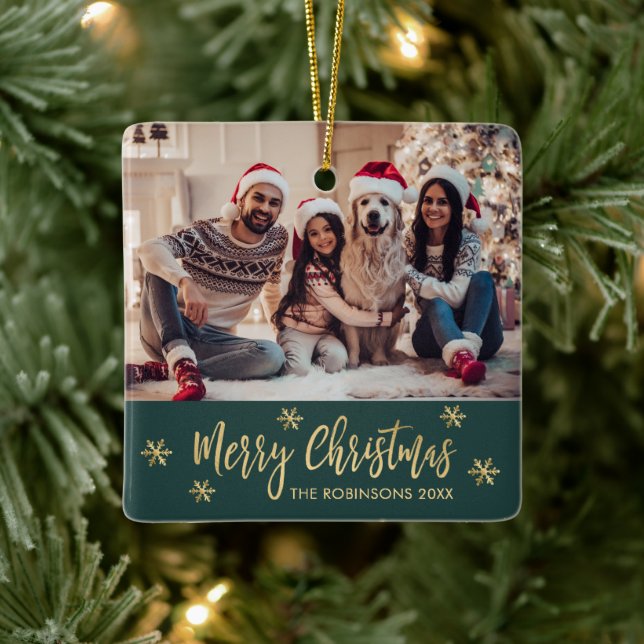 Elegantes Snowflake Grün und Gold Foto Weihnachten Keramikornament (Baum)