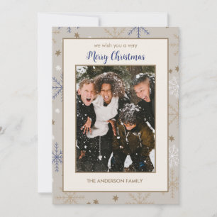 Elegantes Snowflake-Muster Beige Family Foto Feiertagskarte