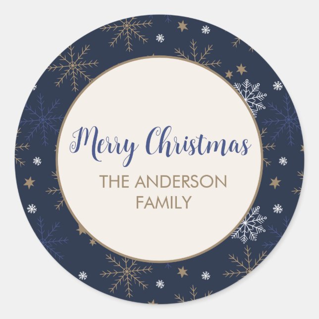 Elegantes Snowflake Muster Dunkelblau Runder Aufkleber (Vorderseite)