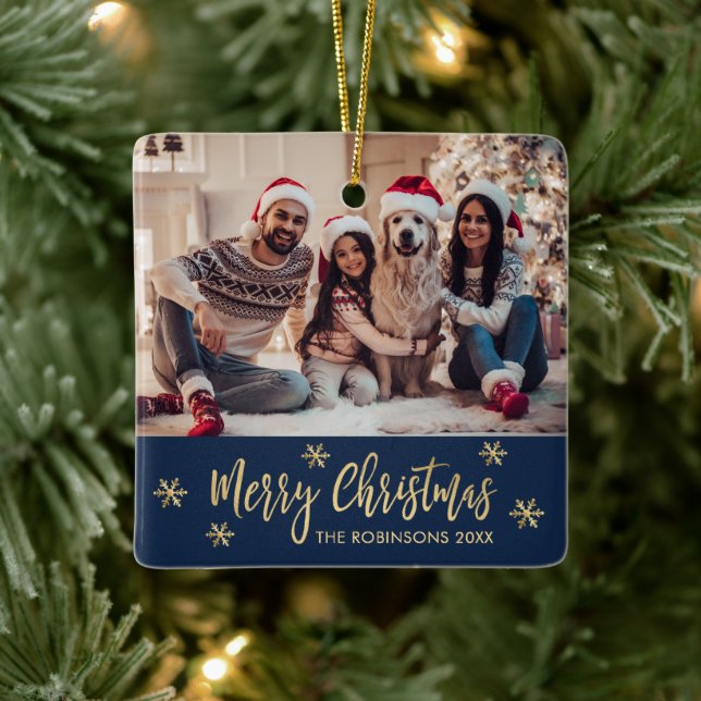 Elegantes Snowflake Navy und Gold Foto Weihnachten Keramikornament (Baum)