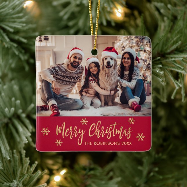 Elegantes Snowflake Rot und Gold Foto Weihnachten Keramikornament (Baum)