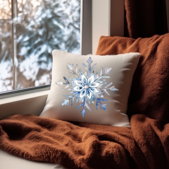 Elegantes Snowflake Wasserfarben-Kissen Kissen (Elegant Snowflake Watercolor Throw Pillow)