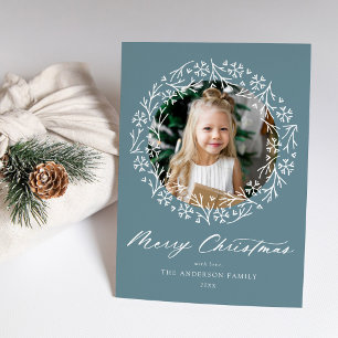 Elegantes Snowflake Wreath Frost Blue Foto Feiertagskarte