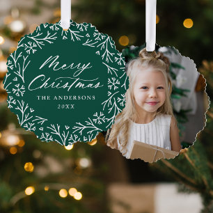 Elegantes Snowflake Wreath Grünes Foto Weihnachten Ornament Karte