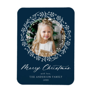 Elegantes Snowflake Wreath Navy Foto Magnet