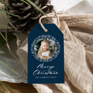 Elegantes Snowflake Wreath Navy Holiday Foto Geschenkanhänger