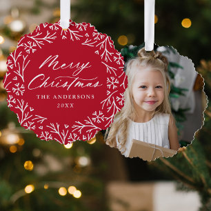 Elegantes Snowflake Wreath Rotes Foto Weihnachten Ornament Karte