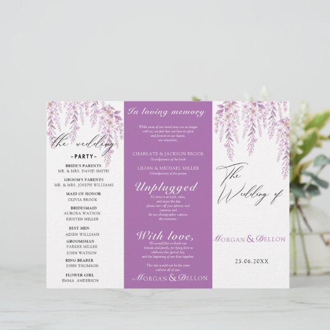 Elegantes Soft Blush Lavendel Blumen Hochzeitsprog (Stehend Vorderseite)
