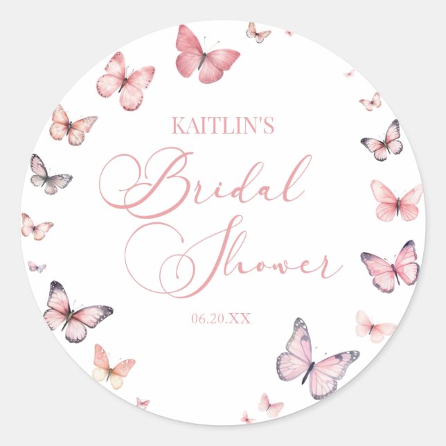 Elegantes Soft Pink Butterfly Brautparty Runder Aufkleber (Vorderseite)