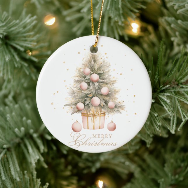 Elegantes Soft Pink Merry Christmas Tree Foto Keramik Ornament (Baum)