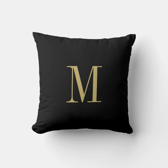 Elegantes Solid Black mit Gold Monogram Kissen (Vorderseite)