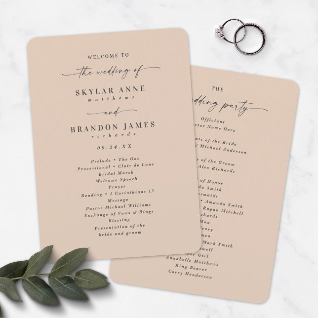 Elegantes Solid Champagne Hochzeit Programm (Von Creator hochgeladen)