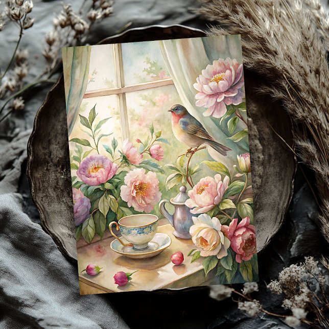 Elegantes Sommerfenster mit Vogelrosa Seidenpapier (Elegant summer window with bird pink peonies tissue paper)