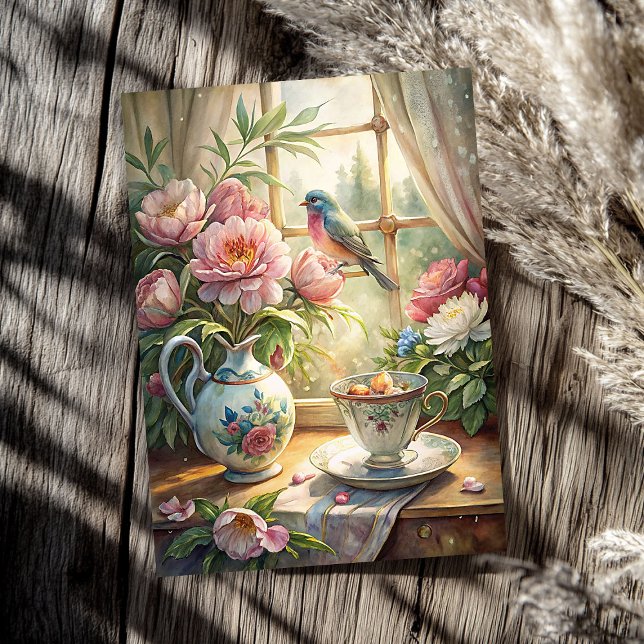 Elegantes Sommerfenster mit Vogelrosa Seidenpapier (Elegant summer window with bird pink peonies tissue paper)