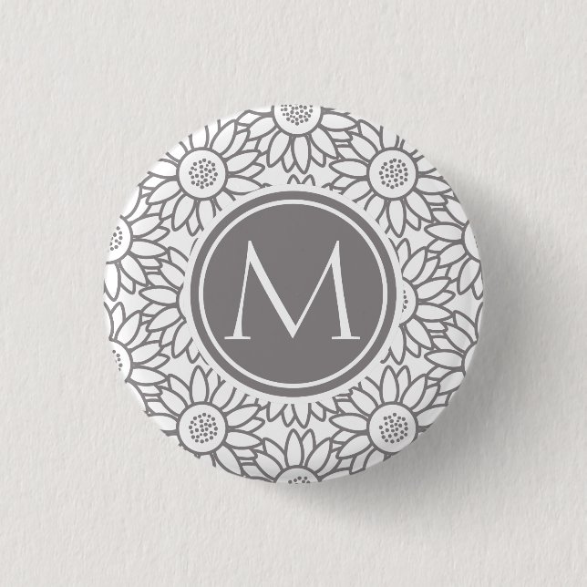 Elegantes Sonnenblume-Muster mit Monogramm Button (Vorderseite)