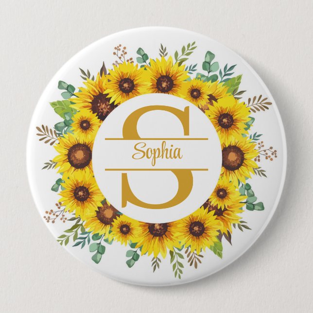 Elegantes Sonnenblumen-Blumen-Monogramm mit Namen Button (Vorderseite)
